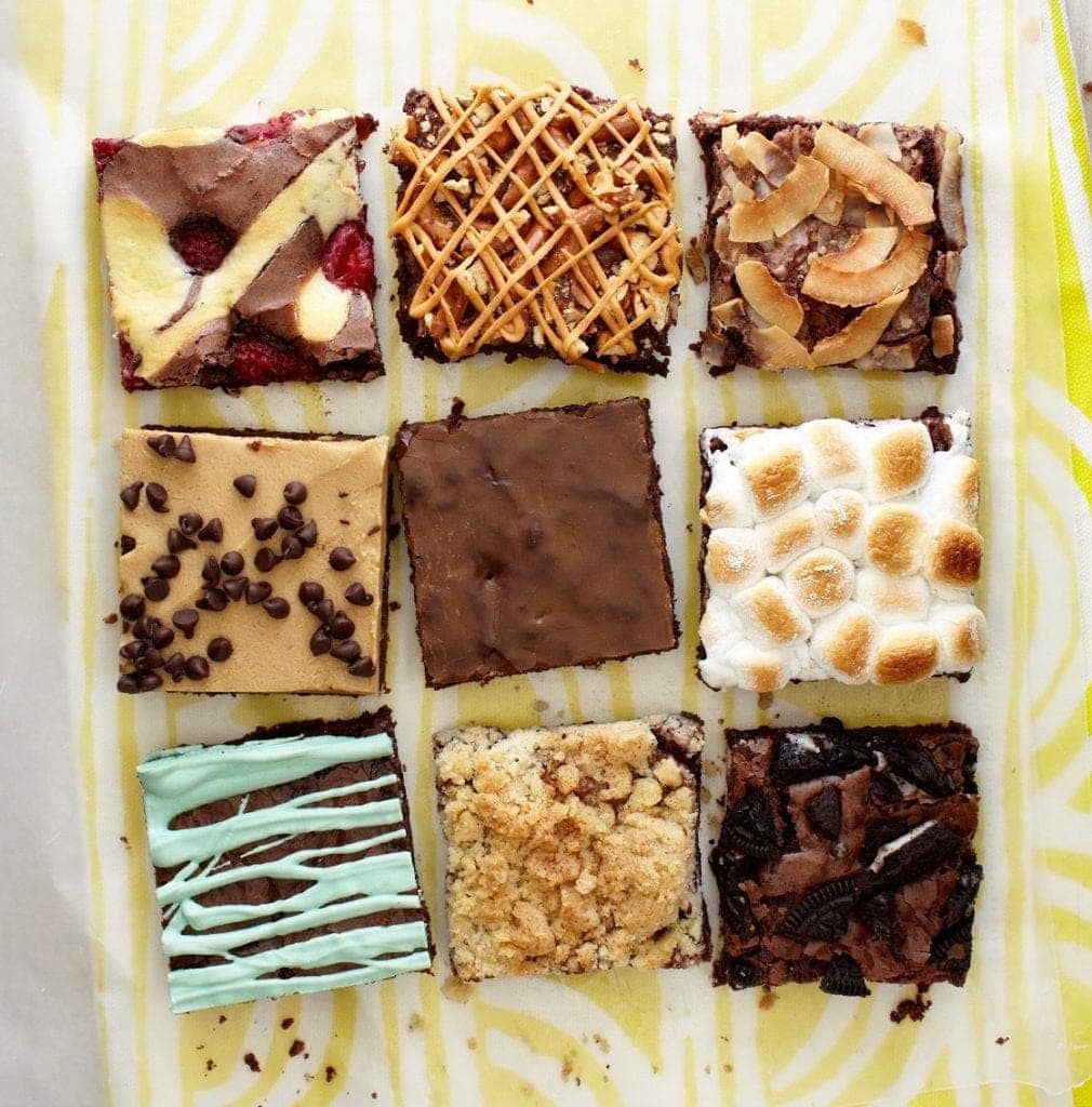 A photo collage showing nine gourmet brownie hacks using a box mix