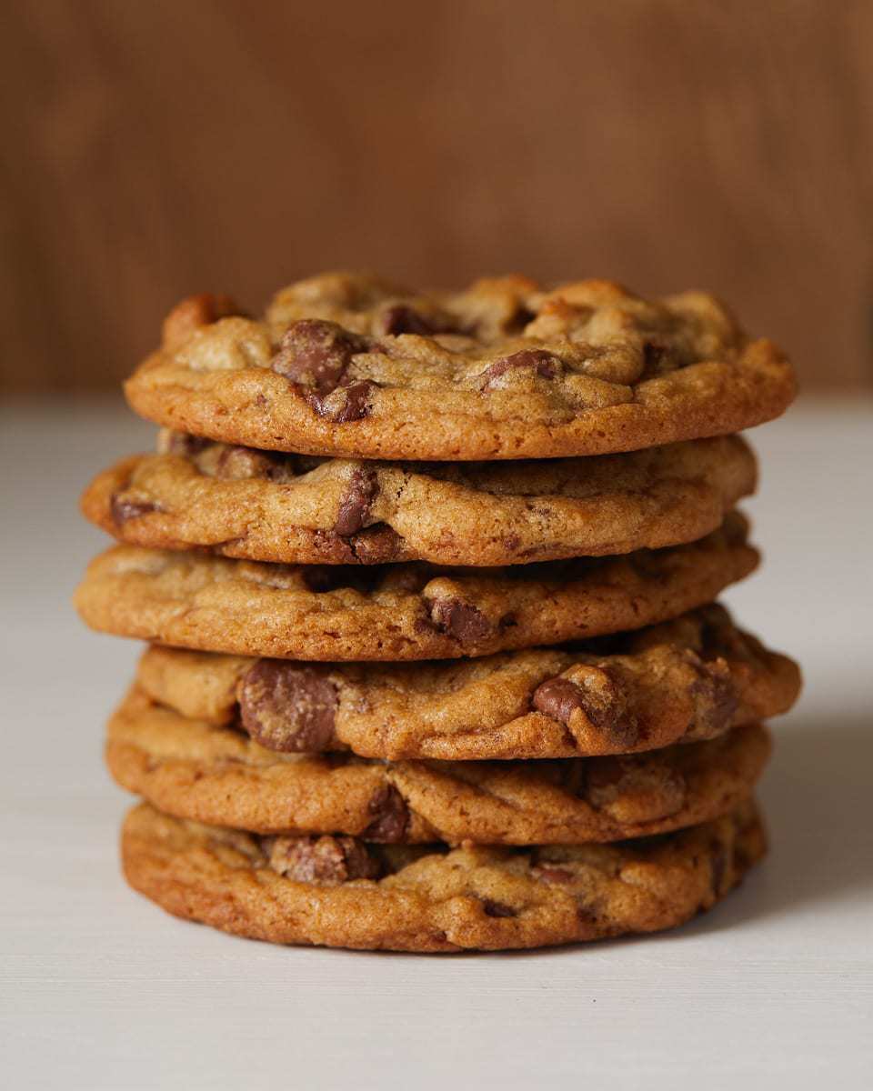 Chocolate chip cookie in a stack on a gray and brown background