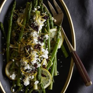 Asparagus with Lemon, Olives and Feta in serving platter