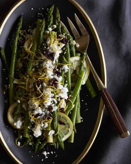 Close up of Asparagus with Lemon, Olives and Feta