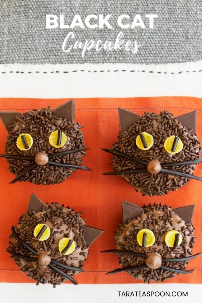 Pinterest graphic for Black Cat Cupcakes recipe on Tara Teaspoon.
