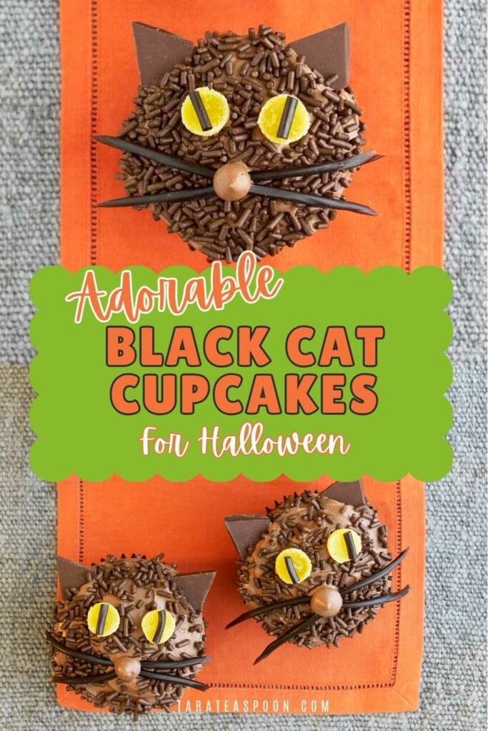 Pinterest graphic for Black Cat Cupcakes recipe on Tara Teaspoon.