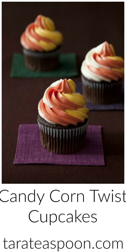 Pinterest image for Candy Corn Twist Cupcakes with text