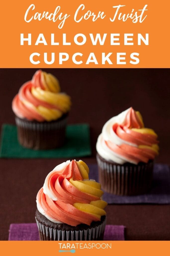 Pinterest graphic for Halloween Candy Corn Twist Cupcakes recipe on Tara Teaspoon.