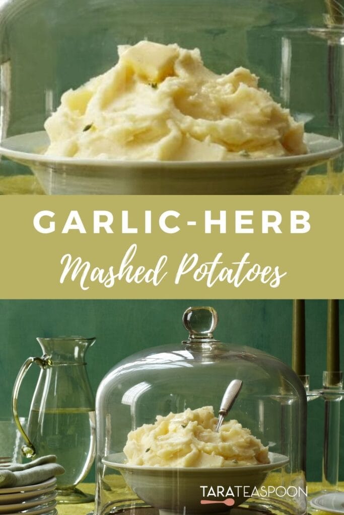 Pinterest graphic for Garlic-Herb Mashed Potatoes recipe on Tara Teaspoon.