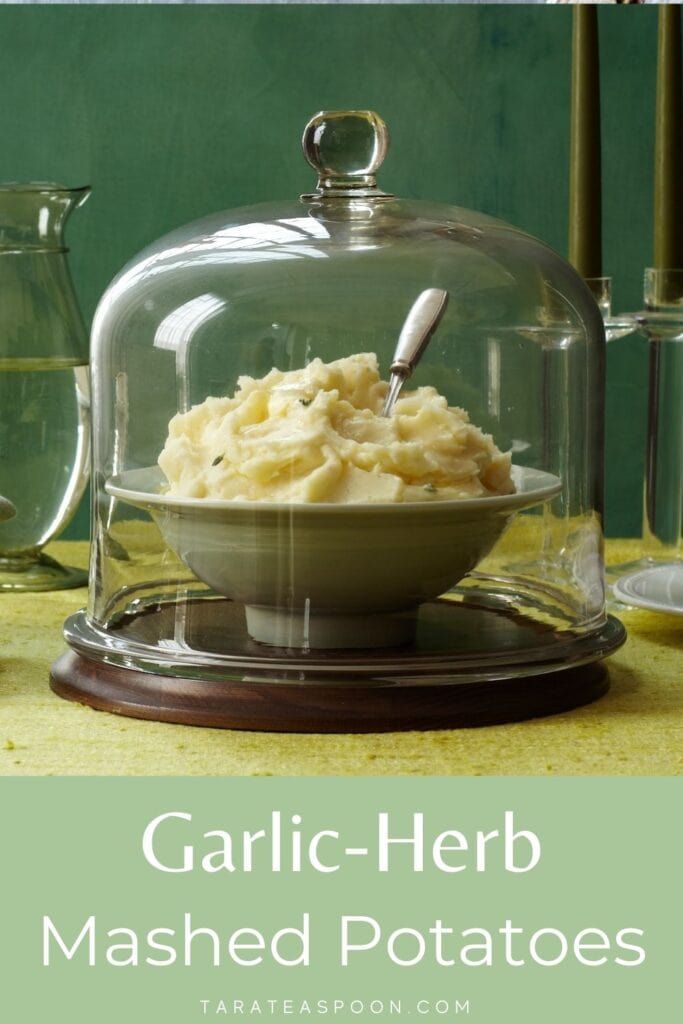 Pinterest graphic for Garlic-Herb Mashed Potatoes recipe on Tara Teaspoon.