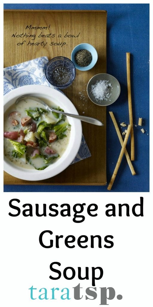 Pinterest image for Sausage and Greens Soup with text