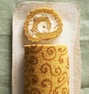 Pumpkin Cake Roll with Toffee Cream Cheese Filling