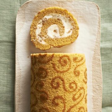 Pumpkin Cake Roll with Toffee Cream Cheese Filling