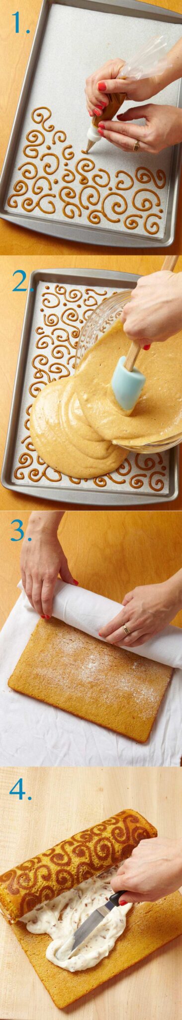 Steps on making a Pumpkin Cake Roll With Toffee Cream Cheese Filling