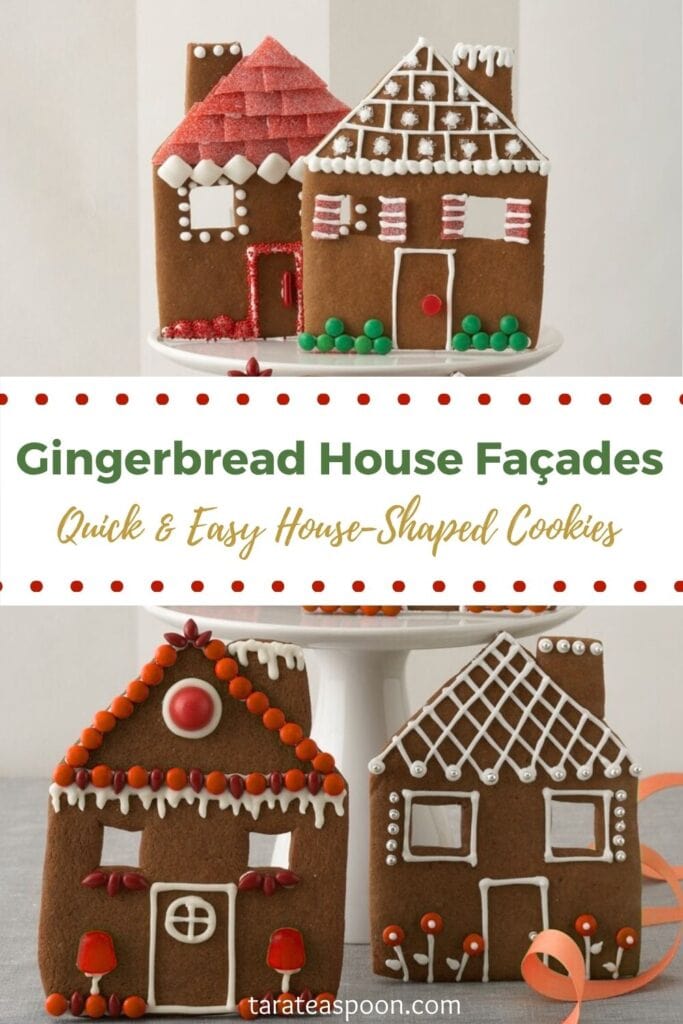 Pinterest graphic for Gingerbread House Facades recipe on Tara Teaspoon.