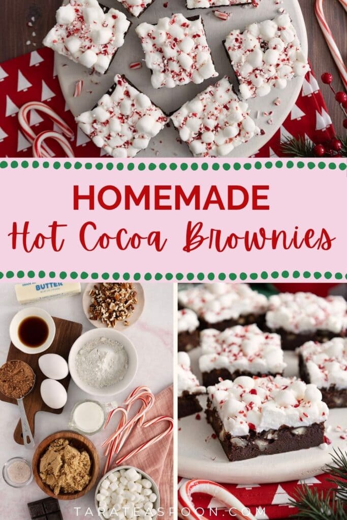 Pinterest graphic for Hot Cocoa Brownies recipe on Tara Teaspoon