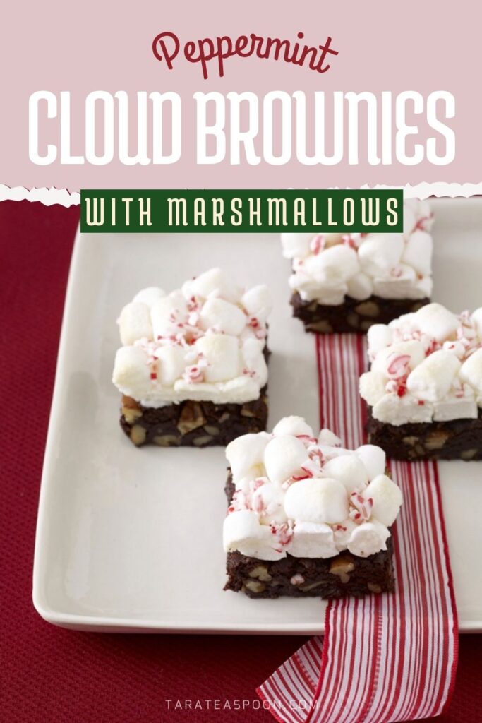Pinterest graphic for Peppermint Cloud Brownies with Marshmallows recipe on Tara Teaspoon.