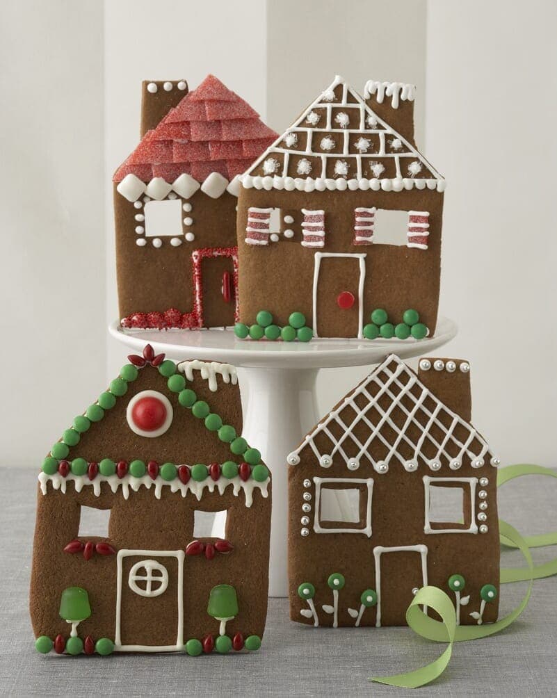 Gingerbread House Facades decorated with green and red candies