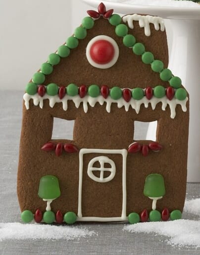 Gingerbread House Facade decorated with green and red candies