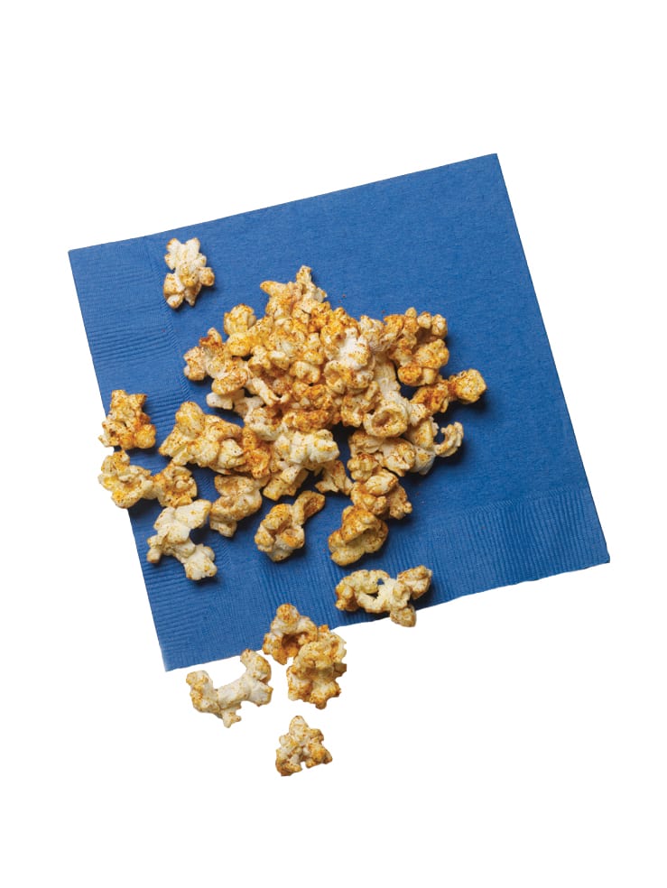 Sweet Chili Spiced Popcorn on blue napkin