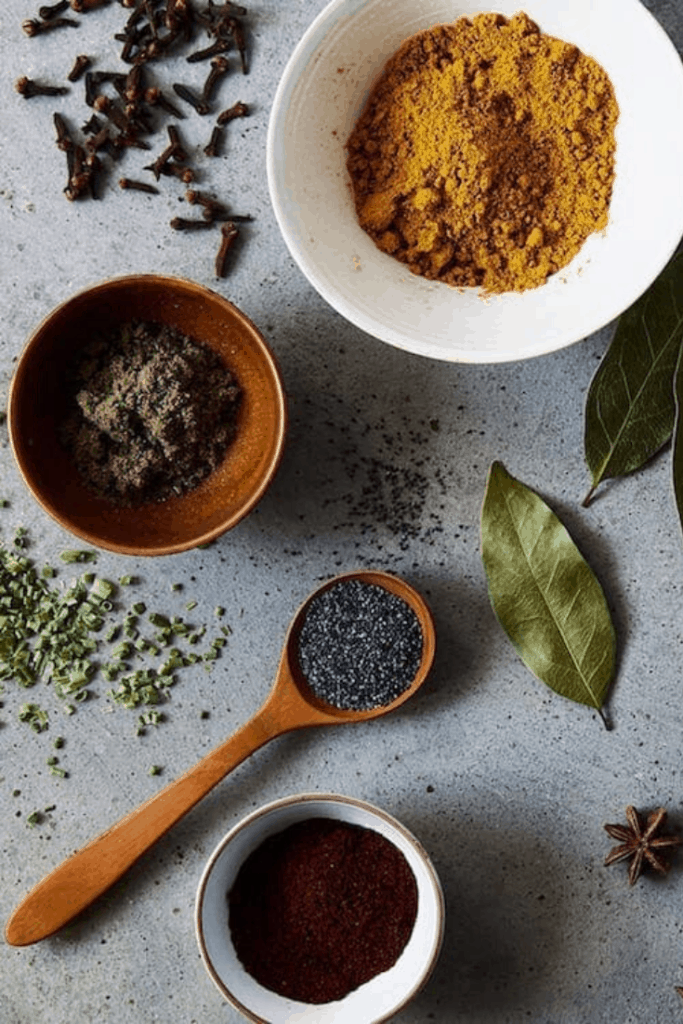 spices in bowls and spoons on grey surface