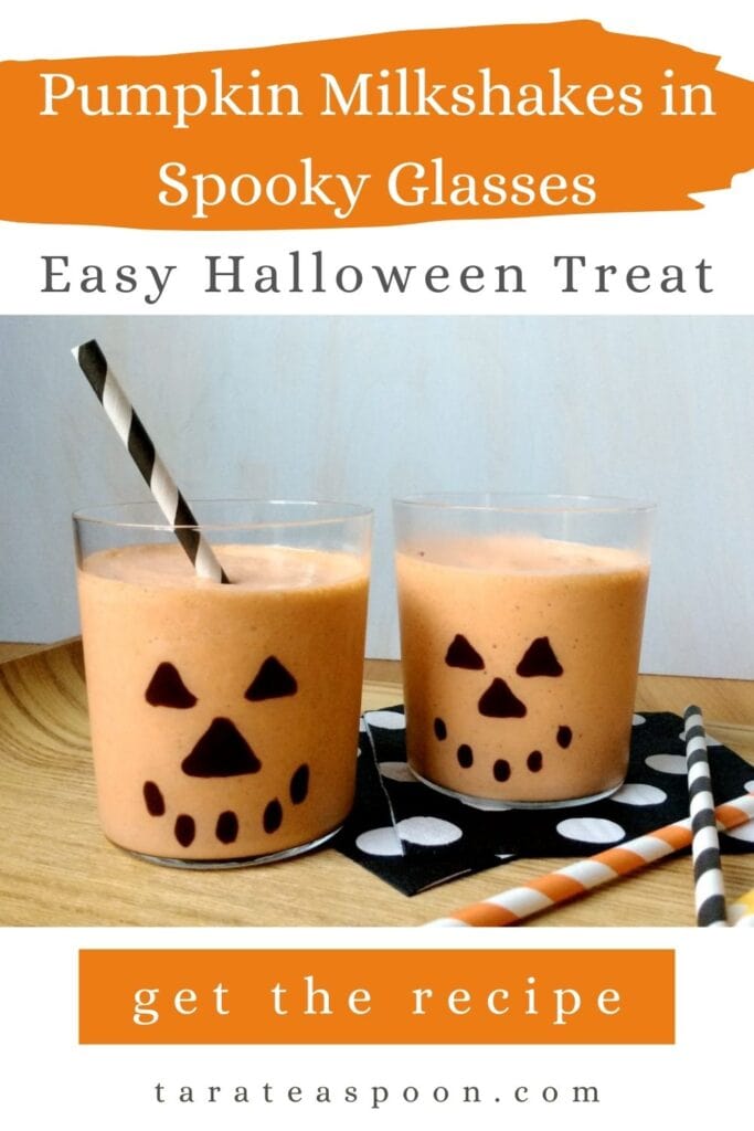 Pinterest graphic for Easy Pumpkin Milkshakes in Spooky Glasses recipe on Tara Teaspoon.