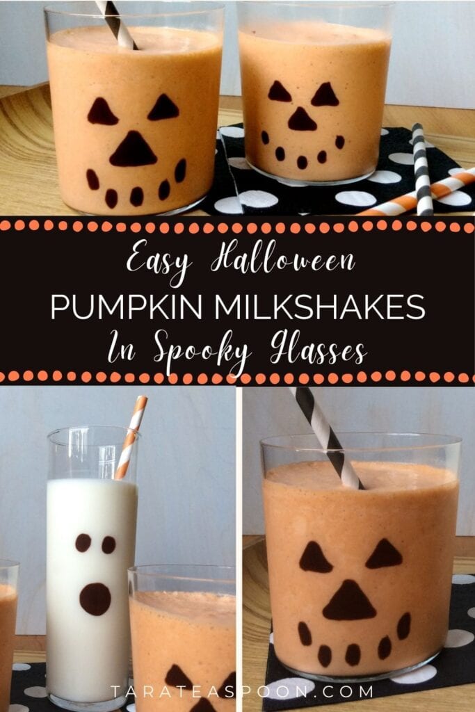 Pinterest graphic for Easy Pumpkin Milkshakes in Spooky Glasses recipe on Tara Teaspoon.