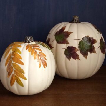 Pumpkins decorated with decoupage leaves