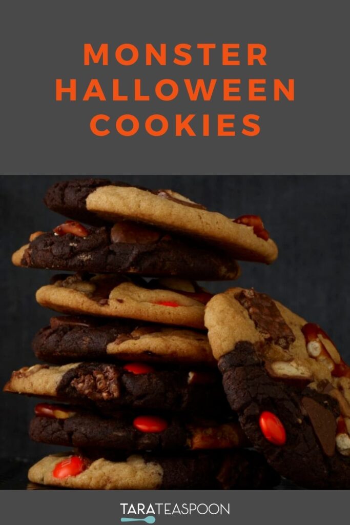 Pinterest graphic for Monster Halloween Cookies recipe on Tara Teaspoon.