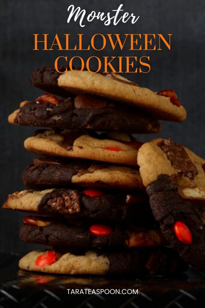 Pinterest graphic for Monster Halloween Cookies recipe on Tara Teaspoon.