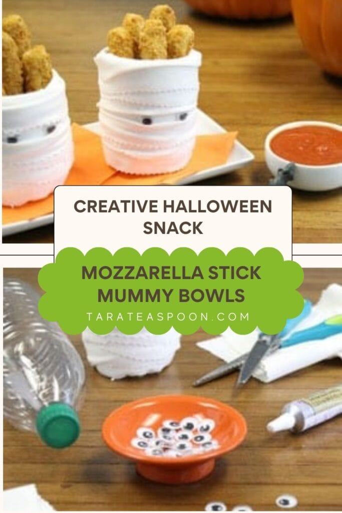 Pinterest graphic for Mozzarella Stick Mummy Bowl recipe on Tara Teaspoon.