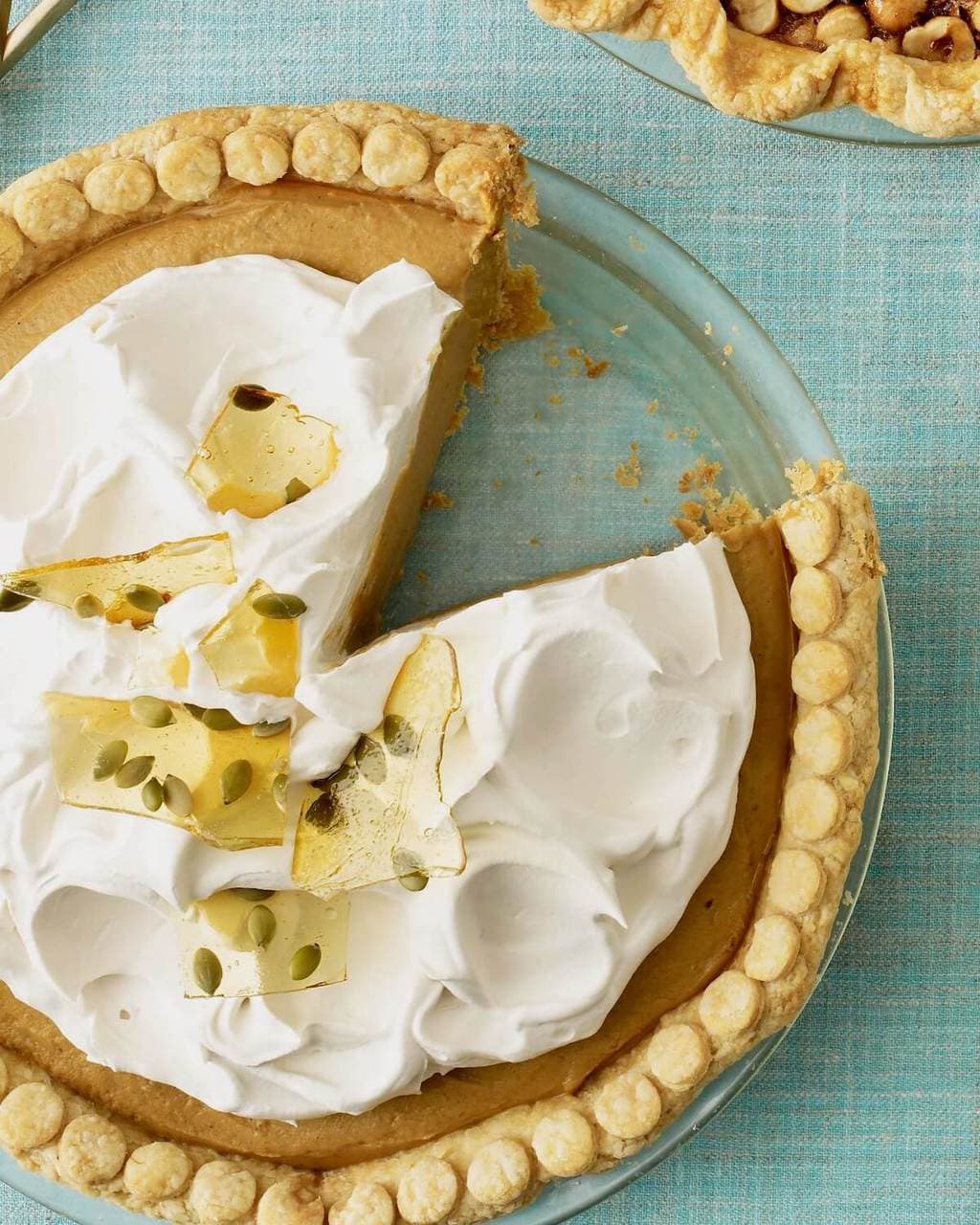 Overhead image of Pumpkin Cream Pie with piece missing