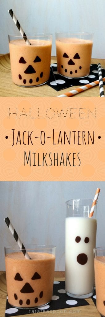 Halloween Jack o lantern milkshake in glasses with paper straws