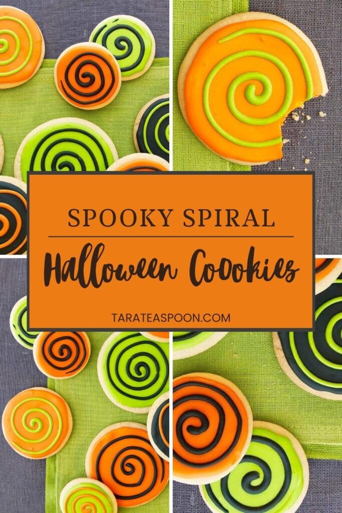 Pinterest graphic of Spooky Spiral Halloween Cookies recipe on Tara Teaspoon.