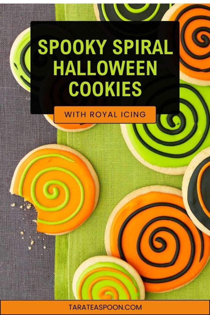 Pinterest graphic of Spooky Spiral Halloween Cookies recipe on Tara Teaspoon.