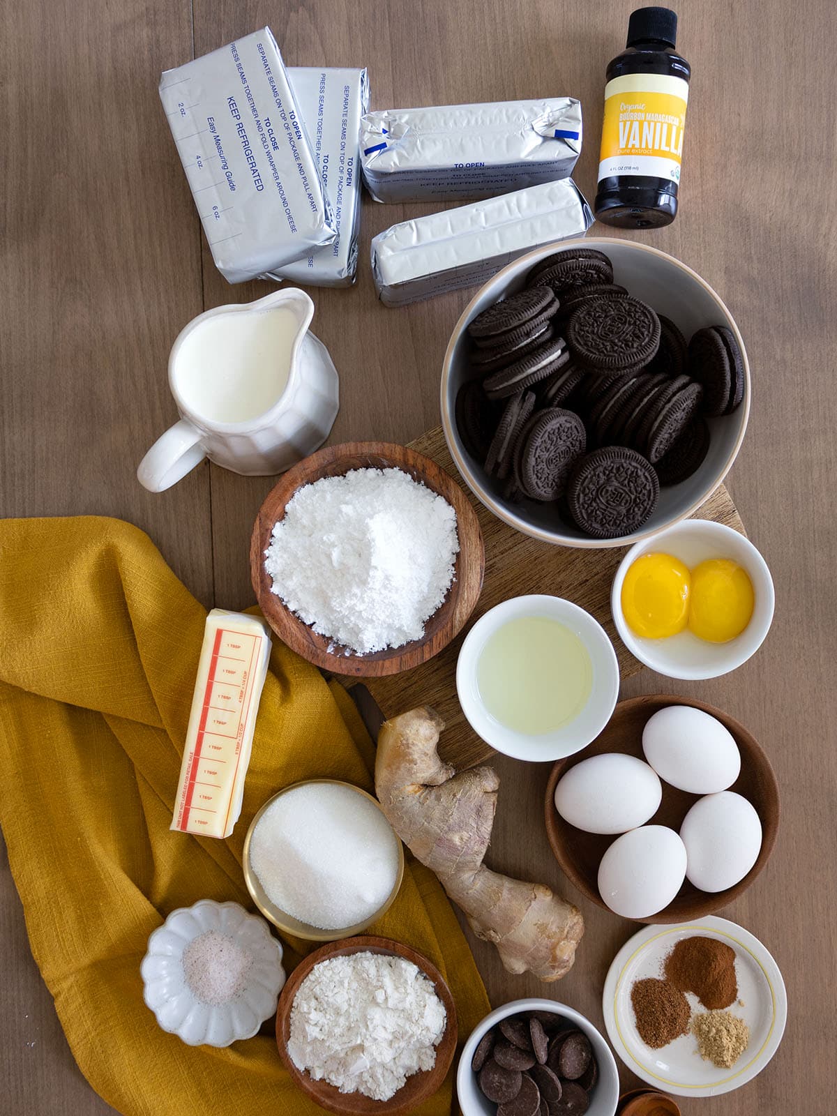 Ingredients needed to make a ginger cheesecake.