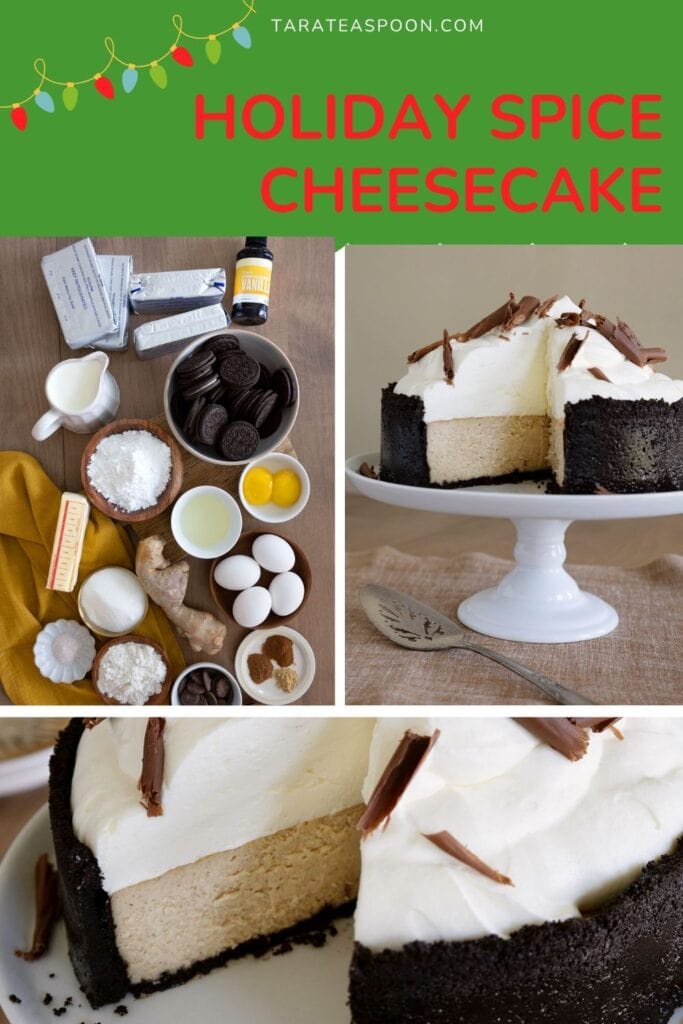 Pinterest graphic for Ginger Cheesecake With Chocolate Crust recipe on Tara Teaspoon