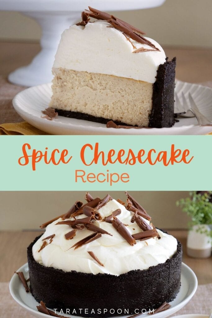 Pinterest graphic for Ginger Cheesecake With Chocolate Crust recipe on Tara Teaspoon