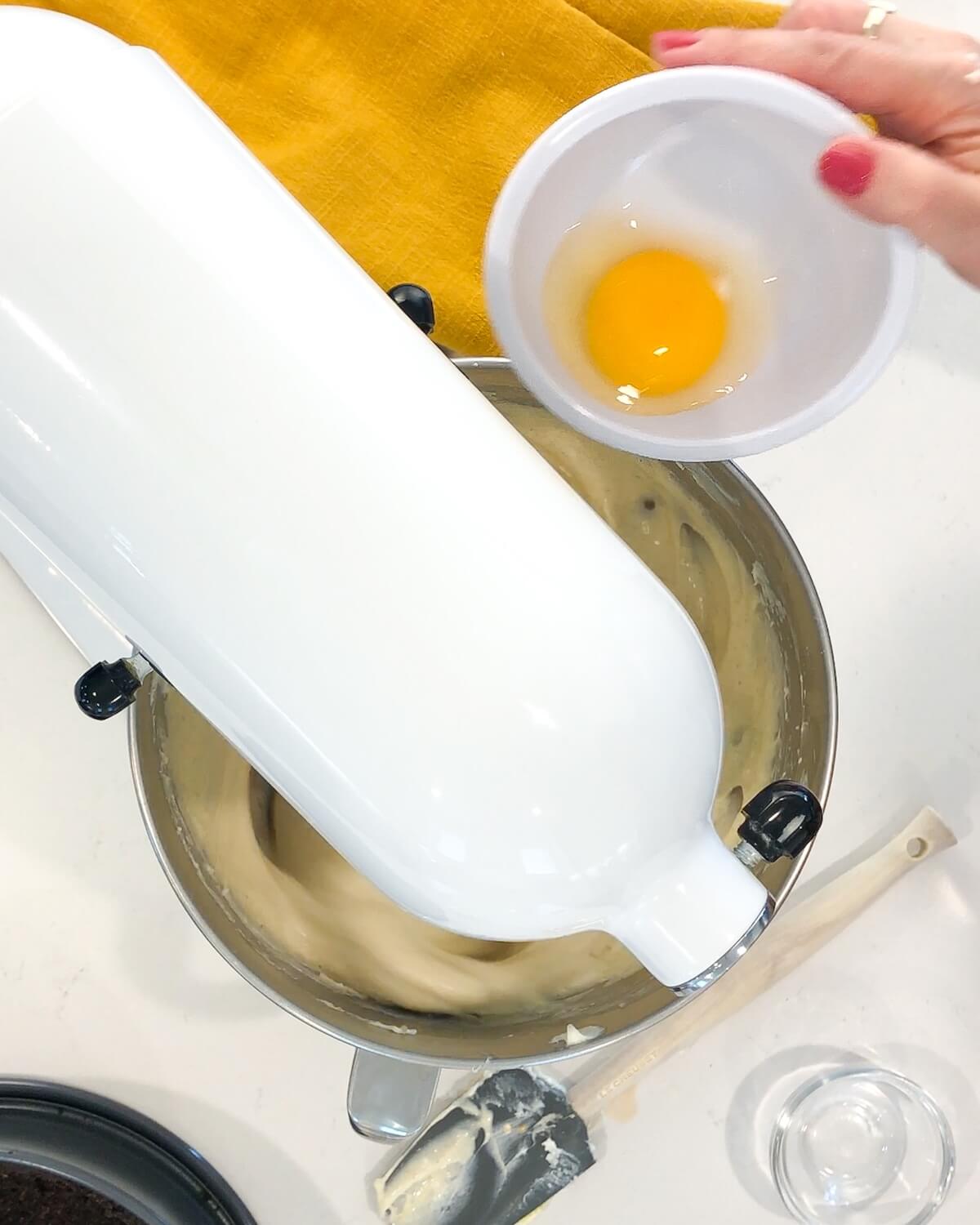 Adding an egg to cheesecake mixture.