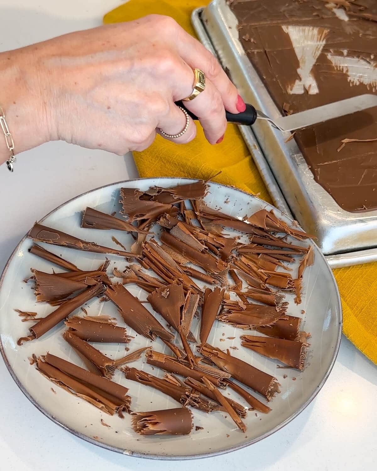 Chocolate curls on a plate.