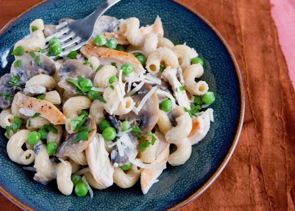 Creamy pasta with mushrooms and chicken in a bowl