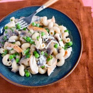 Chicken and Mushroom pasta in a bowl with fork