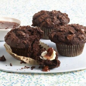 Three Chocolate Muffins on cake round