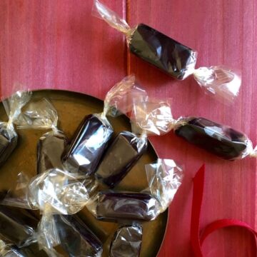 Black Licorice Caramels wrapped in cellophane