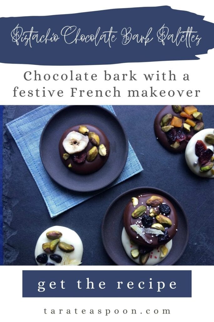 Pinterest graphic for Pistachio Chocolate Bark (Palettes) recipe on Tara Teaspoon.