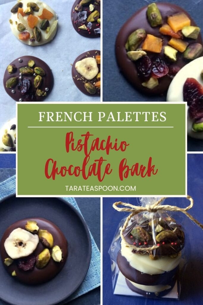 Pinterest graphic for Pistachio Chocolate Bark (Palettes) recipe on Tara Teaspoon.
