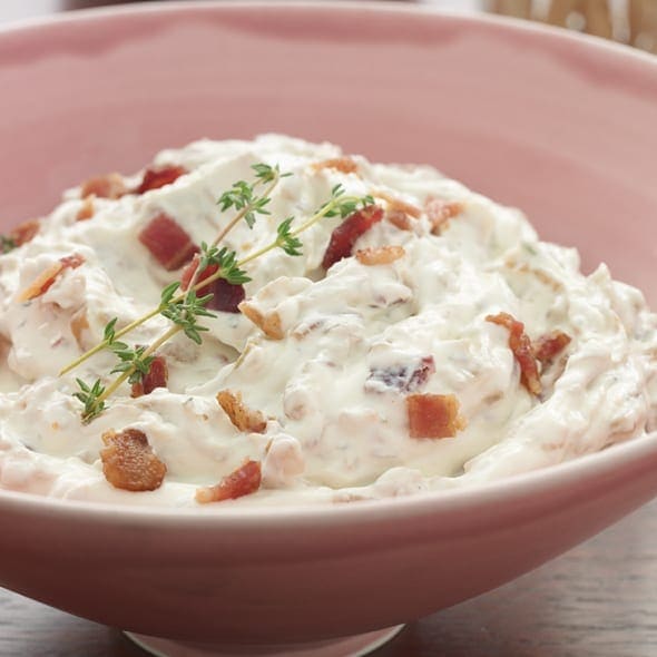 Caramelized Onion-Bacon Dip in pink bowl - close crop
