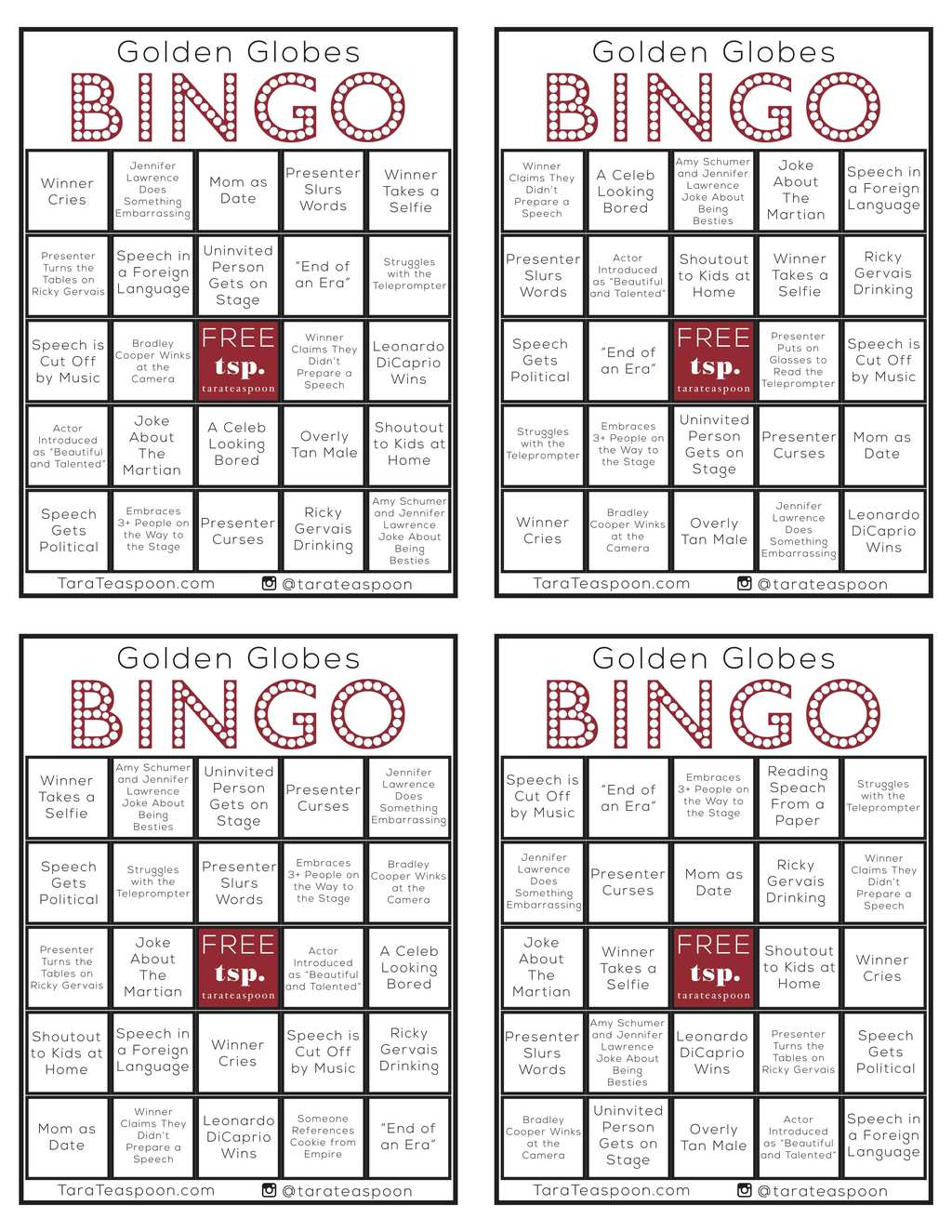 Golden Globes Bingo 