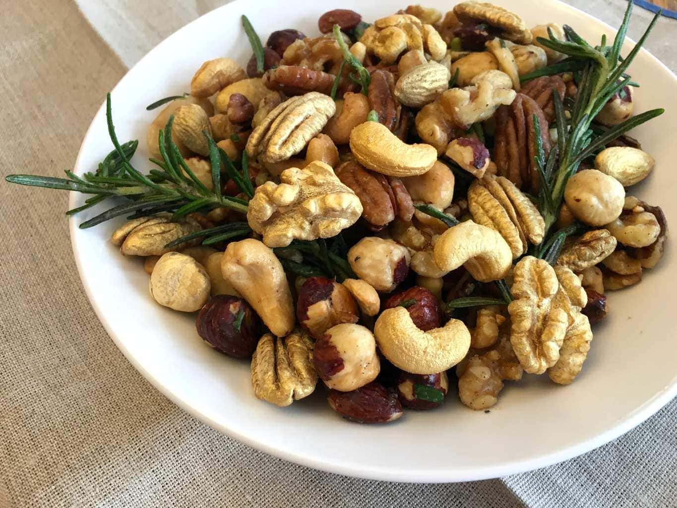 Bowl of Golden Rosemary Garlic Mixed Nuts