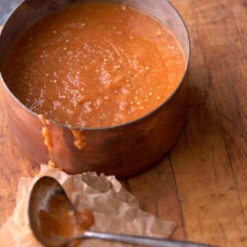 Roasted Tomato and Eggplant Bisque in copper pot