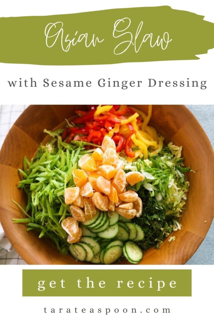 Pinterest graphic for Asian Salad with Sesame Ginger Dressing recipe on Tara Teaspoon.