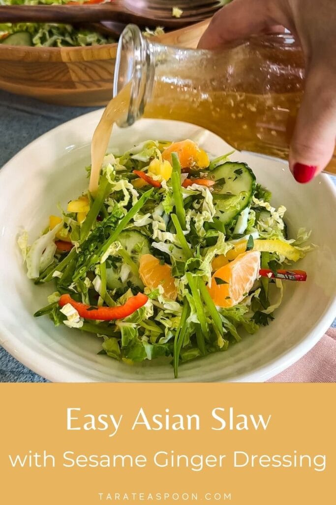 Pinterest graphic for Asian Salad with Sesame Ginger Dressing recipe on Tara Teaspoon.