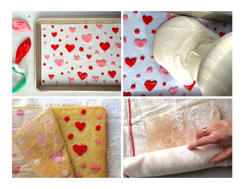 Photo collage showing how to make a strawberry roll cake with heart decorations 