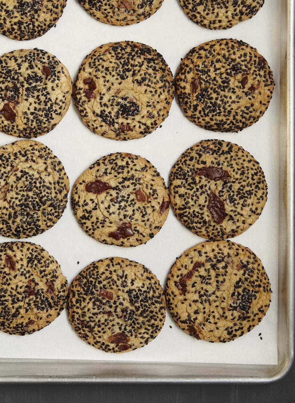 Black Sesame Chocolate Chip Cookies on sheet pan. 